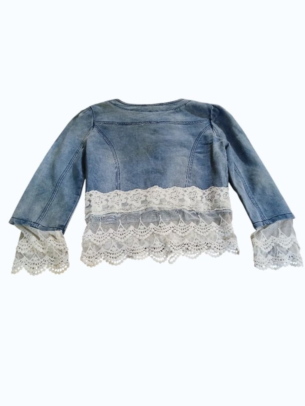 WTY Blue Jean Jacket with Faux Pearls and Lace/Crochet Cuffs & Hem - EUC - Picture 11 of 12